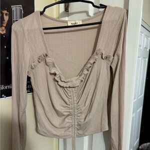 Neutral Ruffled Blouse with Ruched Detail
